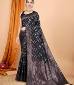 Black woven self design embellished pure silk banarasi saree with blouse