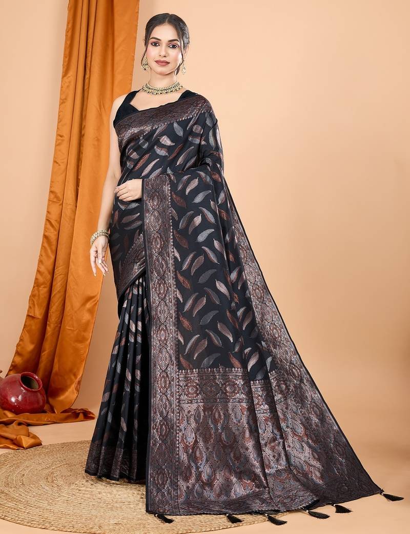 Black woven self design embellished pure silk banarasi saree with blouse