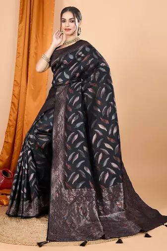 Black woven self design embellished pure silk banarasi saree with blouse
