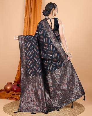 Black woven self design embellished silk blend banarasi saree with blouse 4