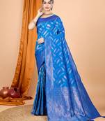 Blue woven self design embellished pure silk banarasi saree with blouse