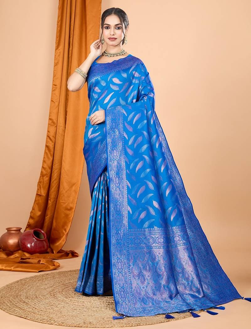 Blue woven self design embellished pure silk banarasi saree with blouse