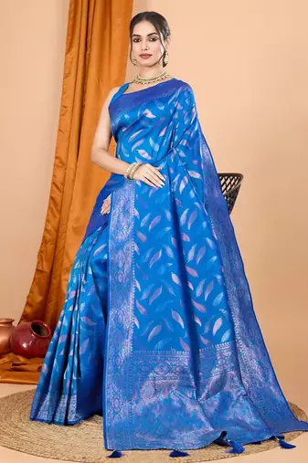 Blue woven self design embellished pure silk banarasi saree with blouse