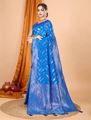 Blue woven self design embellished silk blend banarasi saree with blouse 3