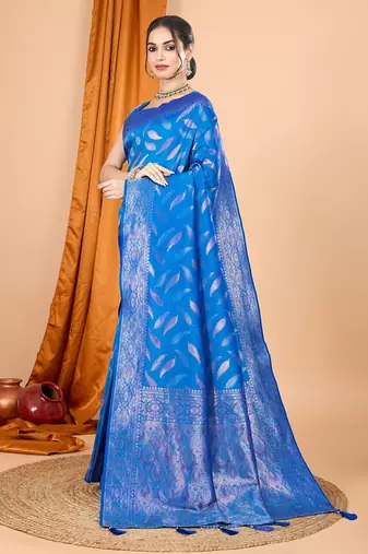 Blue woven self design embellished pure silk banarasi saree with blouse