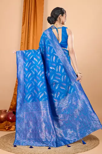 Blue woven self design embellished pure silk banarasi saree with blouse