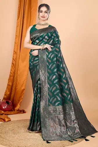 Dark green woven self design embellished pure silk banarasi saree with blouse