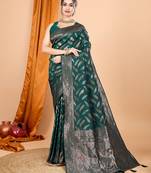 Dark green woven self design embellished pure silk banarasi saree with blouse