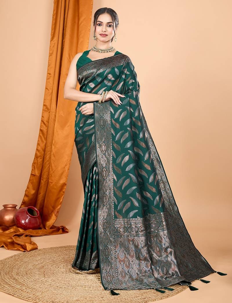 Dark green woven self design embellished pure silk banarasi saree with blouse