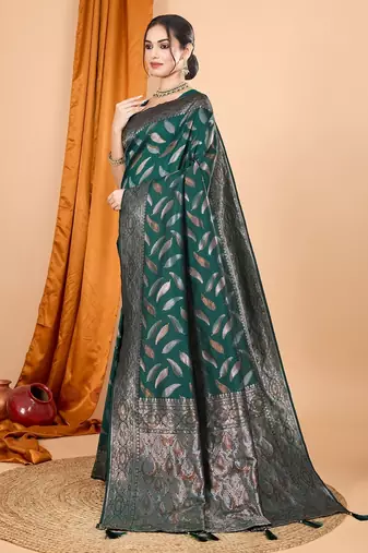 Dark green woven self design embellished pure silk banarasi saree with blouse