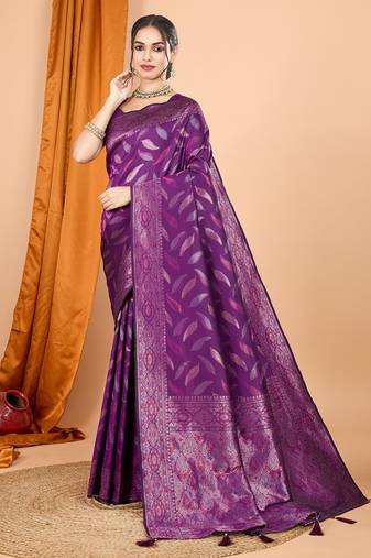 Magenta woven self design embellished pure silk banarasi saree with blouse