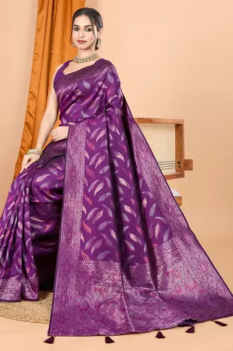 Magenta woven self design embellished pure silk banarasi saree with blouse