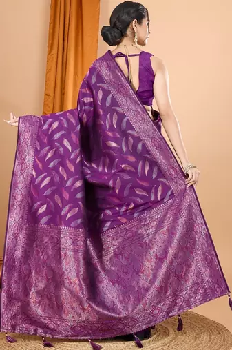 Magenta woven self design embellished pure silk banarasi saree with blouse