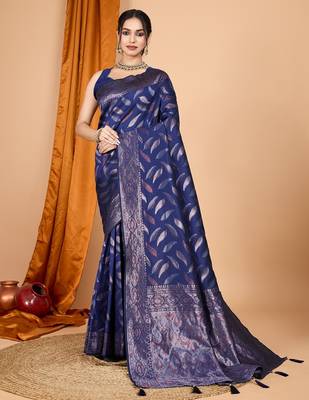 Navy blue woven self design embellished silk blend banarasi saree with blouse 1