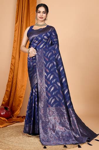 Navy blue woven self design embellished pure silk banarasi saree with blouse