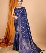 Navy blue woven self design embellished pure silk banarasi saree with blouse