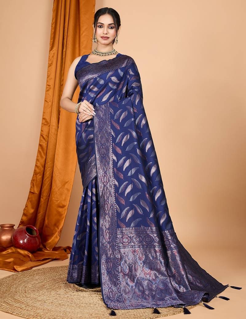 Navy blue woven self design embellished pure silk banarasi saree with blouse