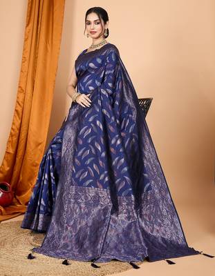 Navy blue woven self design embellished silk blend banarasi saree with blouse 2
