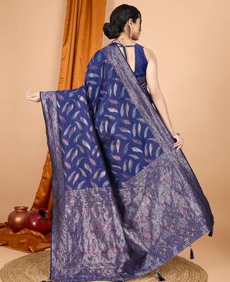 Navy blue woven self design embellished silk blend banarasi saree with blouse 4