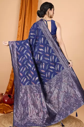 Navy blue woven self design embellished pure silk banarasi saree with blouse