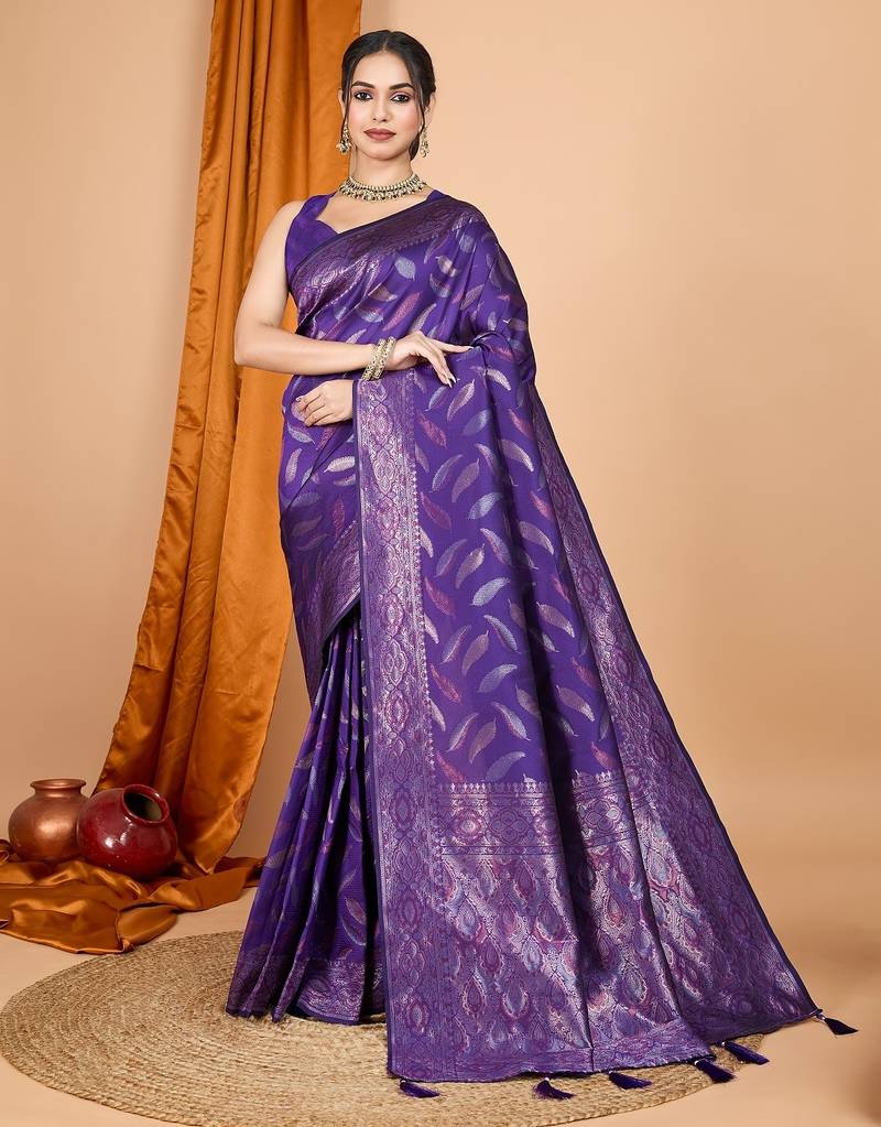 Violet woven self design embellished pure silk banarasi saree with blouse
