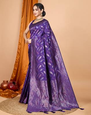 Violet woven self design embellished silk blend banarasi saree with blouse 3