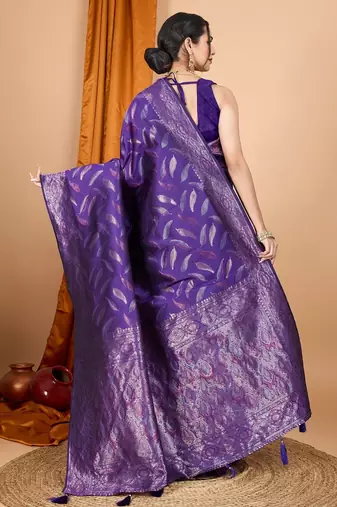 Violet woven self design embellished pure silk banarasi saree with blouse