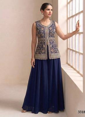 Navy georgette stitched plazzo suit with sequin lakhnavi embroidery  1