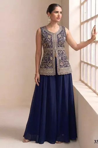 Navy georgette stitched plazzo suit with sequence lakhnavi embroidery work