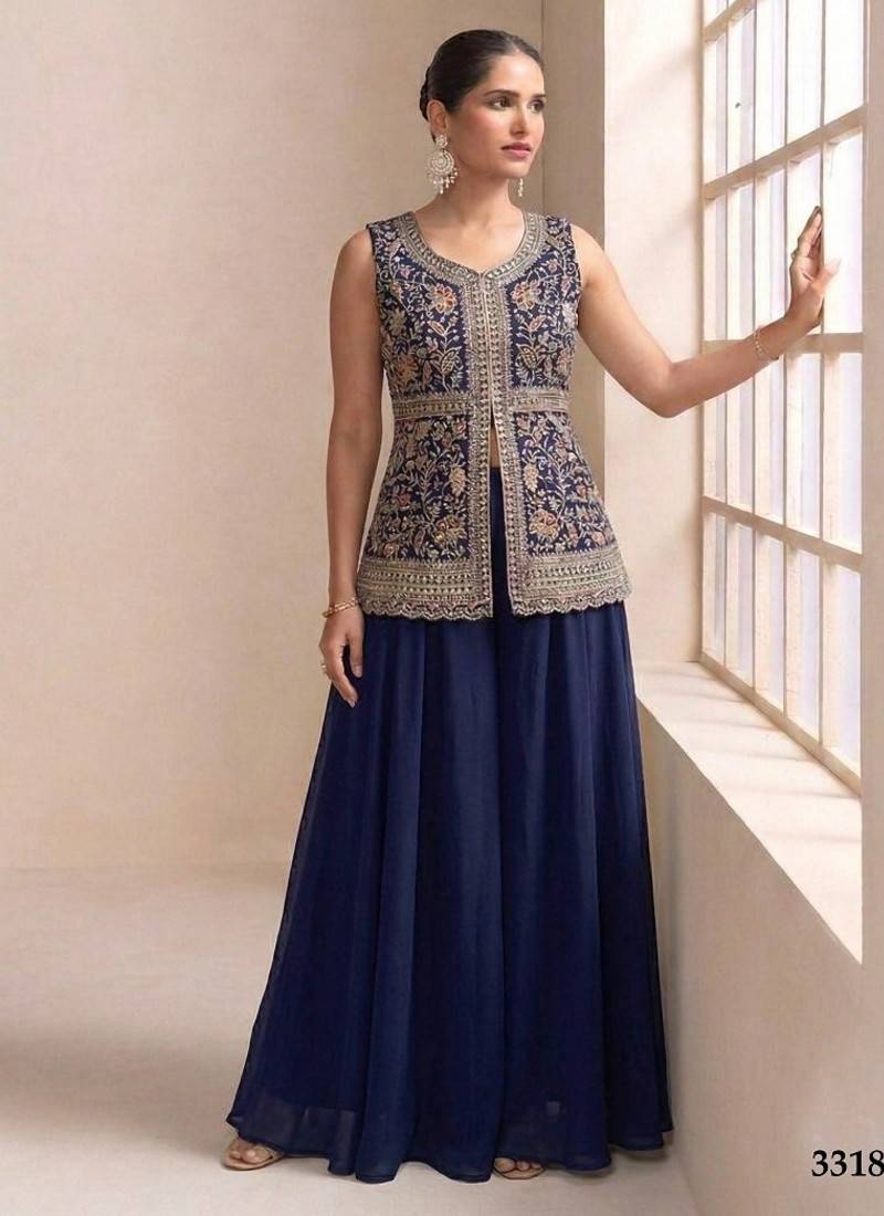 Navy georgette stitched plazzo suit with sequence lakhnavi embroidery work