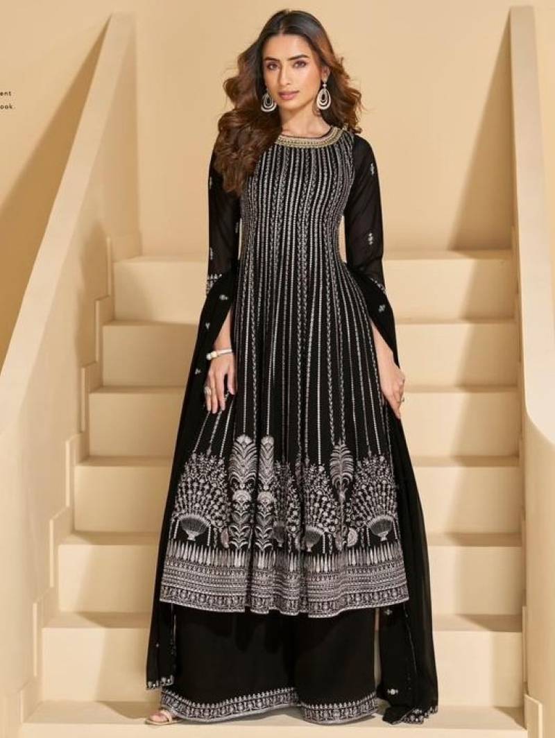 Black georgette free size stitched suit with embroidery & sequence work