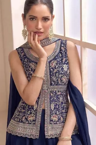 Navy georgette stitched plazzo suit with sequin lakhnavi embroidery 