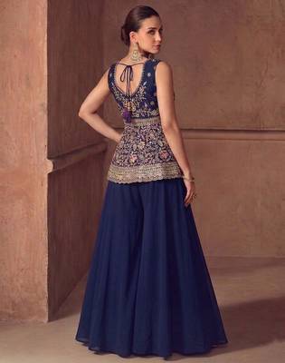 Navy georgette stitched plazzo suit with sequin lakhnavi embroidery  3