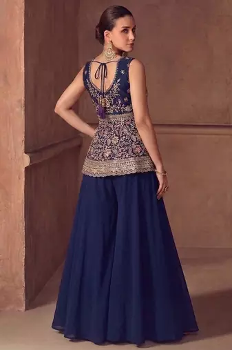 Navy georgette stitched plazzo suit with sequin lakhnavi embroidery 