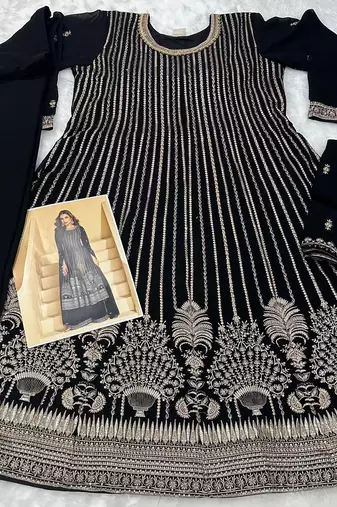 Black georgette free size stitched suit with embroidered sequin 