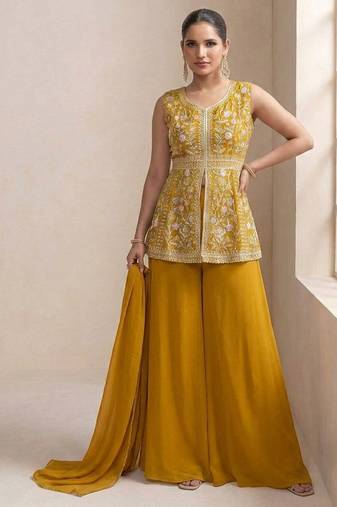 Yellow georgette stitched plazzo suit with sequence lakhnavi embroidery work