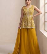 Yellow georgette stitched plazzo suit with sequence lakhnavi embroidery work