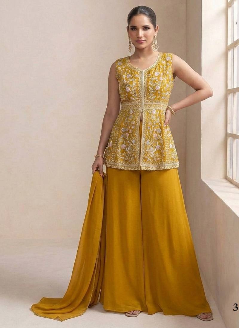 Yellow georgette stitched plazzo suit with sequence lakhnavi embroidery work
