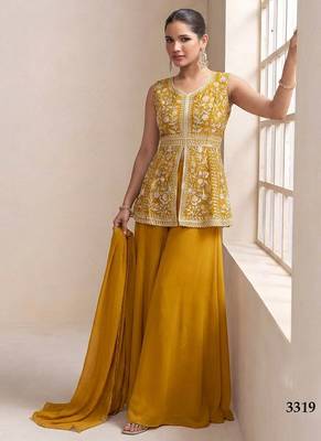 Yellow georgette stitched plazzo suit with sequin lakhnavi embroidery  2