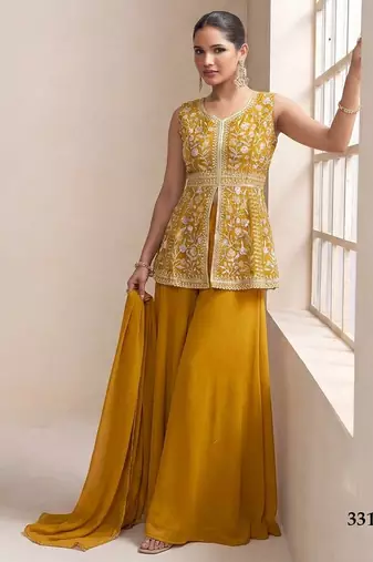 Yellow georgette stitched plazzo suit with sequin lakhnavi embroidery 