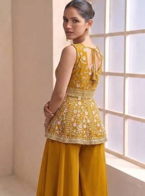 Yellow georgette stitched plazzo suit with sequin lakhnavi embroidery  3