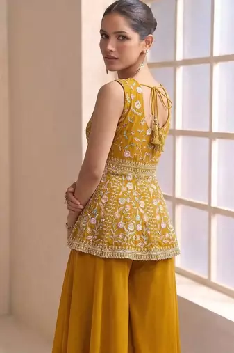Yellow georgette stitched plazzo suit with sequin lakhnavi embroidery 