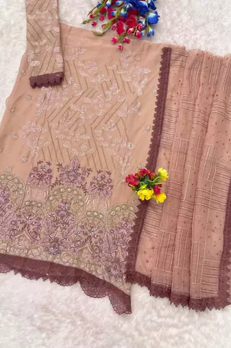 Brown chiffon suit with embroidered sequin 