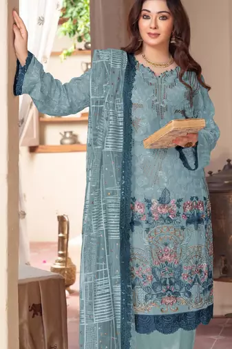 Blue chiffon semi stitched suit with embroidery & sequence work