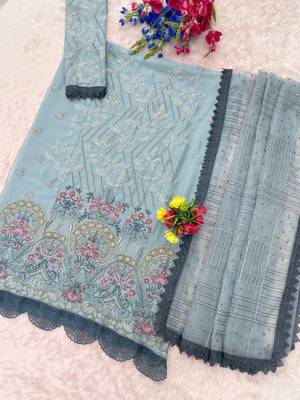 Blue chiffon suit with embroidered sequin  2