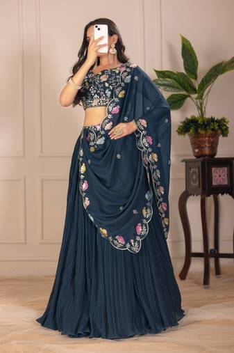 Neavy Blue Color Embroidery With Multi Thread & Sequence Work Fox Georgette Lahenga Choli Set
