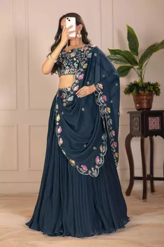 Neavy Blue Color Embroidery With Multi Thread & Sequence Work Fox Georgette Lahenga Choli Set