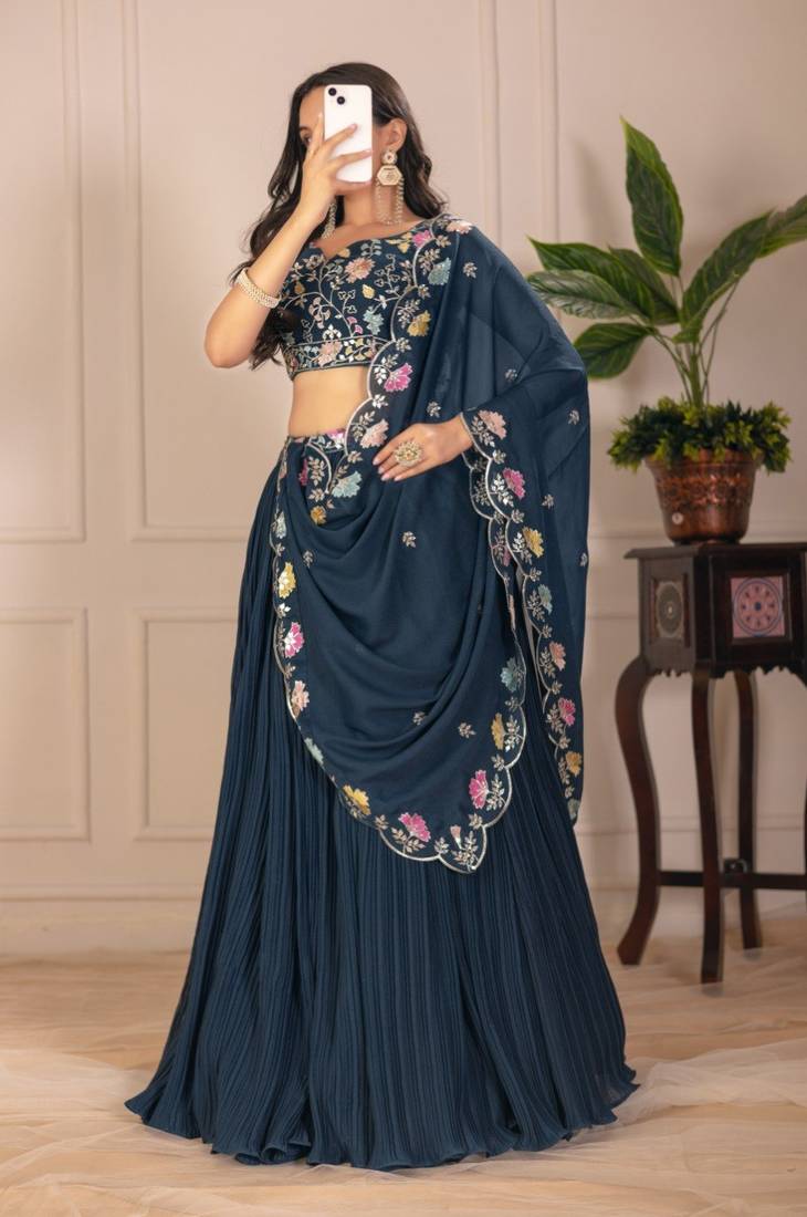 Neavy Blue Color Embroidery With Multi Thread & Sequence Work Fox Georgette Lahenga Choli Set