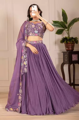 Purple Color Embroidery With Multi Thread & Sequence Work Fox Georgette Lahenga Choli Set
