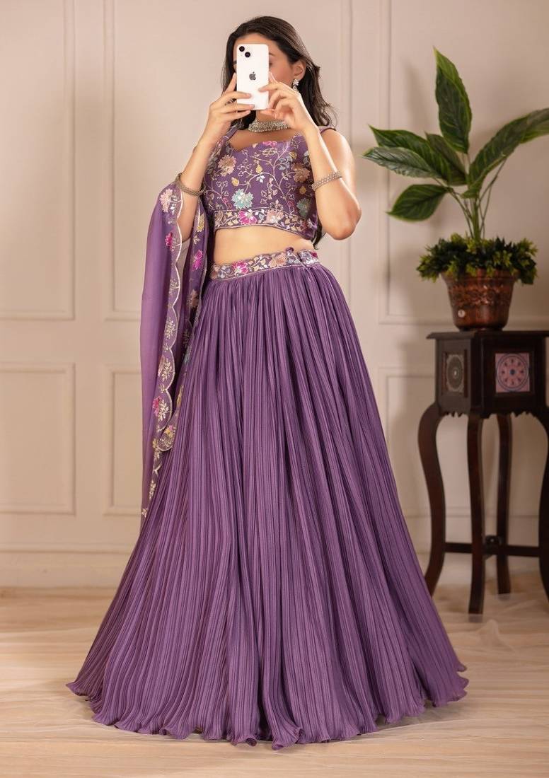 Purple Color Embroidery With Multi Thread & Sequence Work Fox Georgette Lahenga Choli Set
